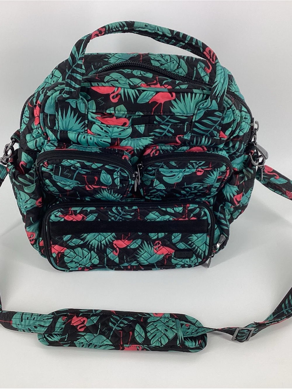 lug Mni Puddle Jumper in Flamingo Print Crossbody Bag or Tote Black/Teal/Pink - Picture 2 of 11